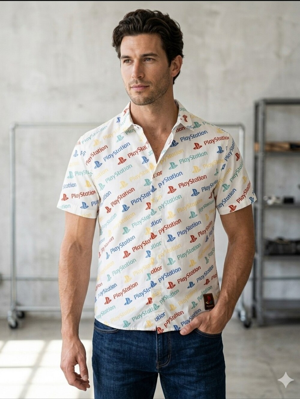 PlayStation All-Over-Print Short Sleeve Button-Down Shirt-LG